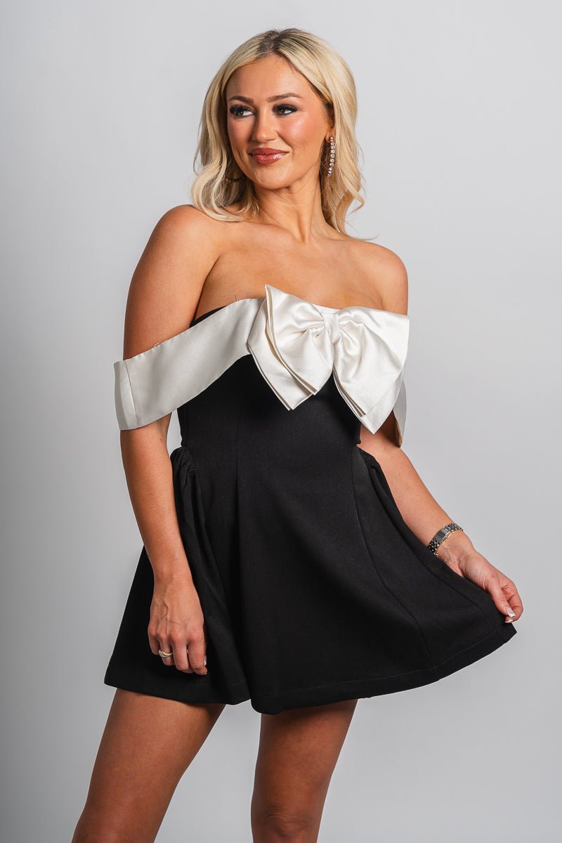 Off shoulder bow mini dress black - Trendy New Year's Eve Outfits at Lush Fashion Lounge Boutique in Oklahoma City