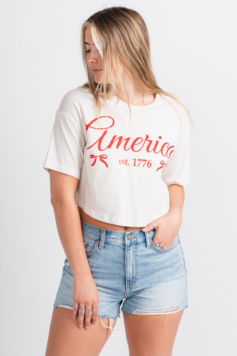 America bows cropped t-shirt white - Cute T-shirts - Fun American Summer Outfits at Lush Fashion Lounge Boutique in Oklahoma City