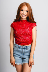 Cap sleeve lace top red - Trendy top - Cute American Summer Collection at Lush Fashion Lounge Boutique in Oklahoma City