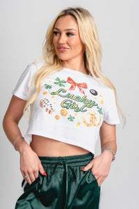 Lucky girl crop tee white - Trendy T-Shirts for St. Patrick's Day at Lush Fashion Lounge Boutique in Oklahoma City