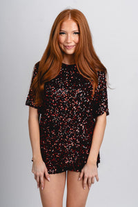 Sequin short sleeve top red - Affordable New Year's Eve Party Outfits at Lush Fashion Lounge Boutique in Oklahoma City