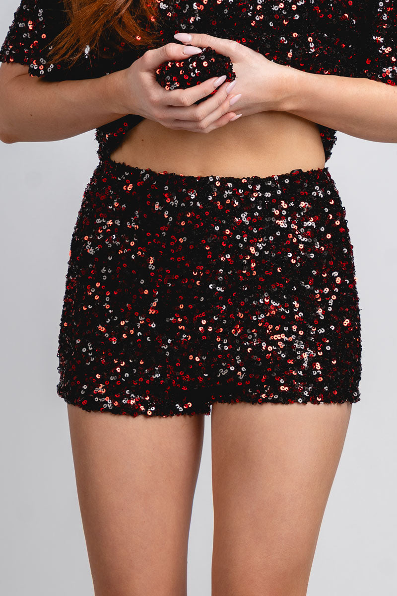 Sequin shorts red - Trendy New Year's Eve Outfits at Lush Fashion Lounge Boutique in Oklahoma City