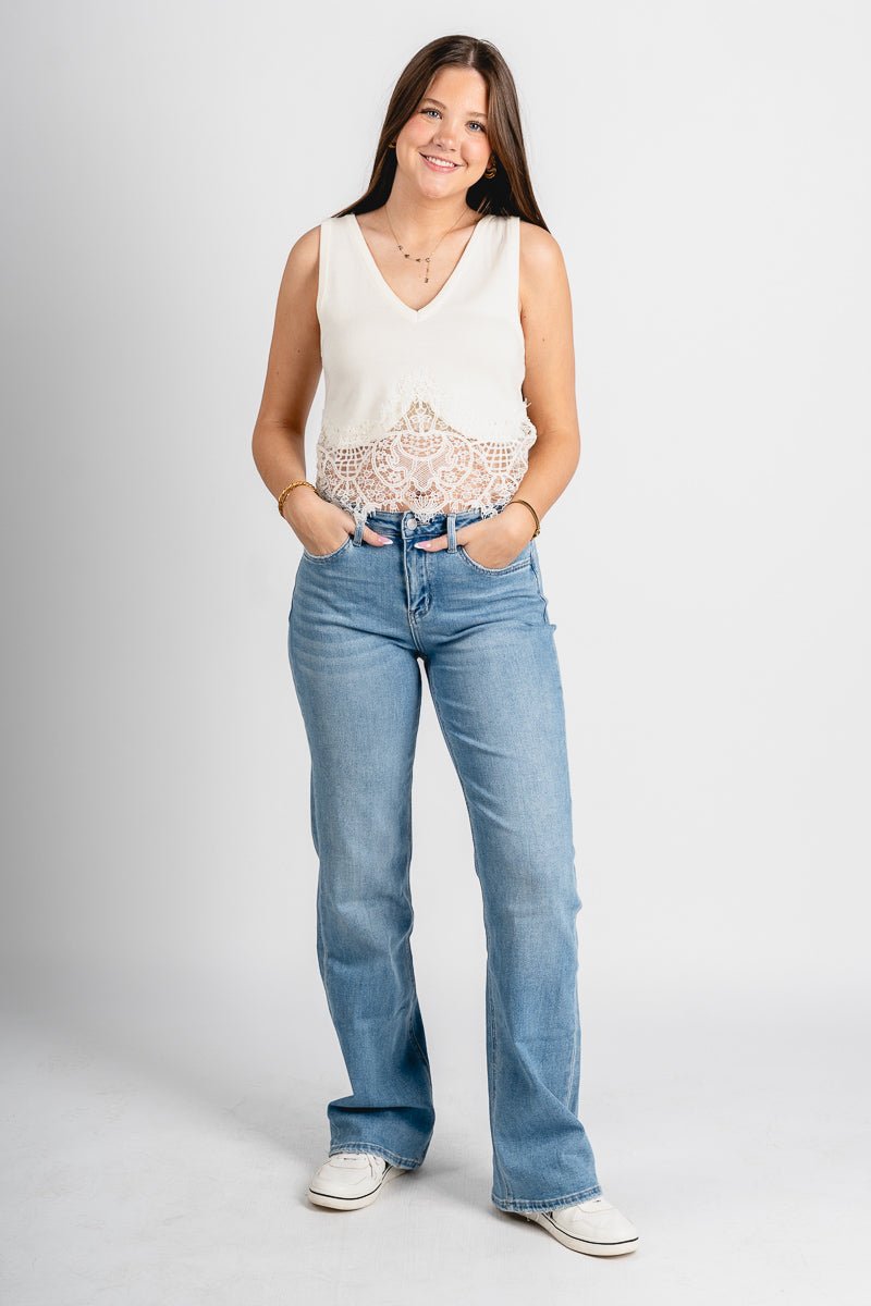 Lace trim sweater tank top cream - Trendy Sweater - Fashion Tank Tops at Lush Fashion Lounge Boutique in Oklahoma City