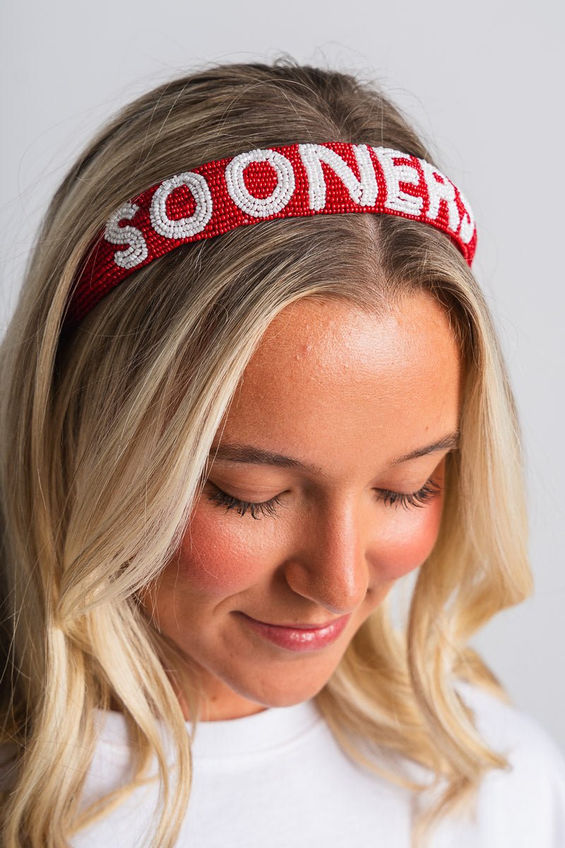 OU OU Sooners beaded headband headband Crimson | Lush Fashion Lounge Trendy Oklahoma University Sooners Apparel & Cute Gameday T-Shirts