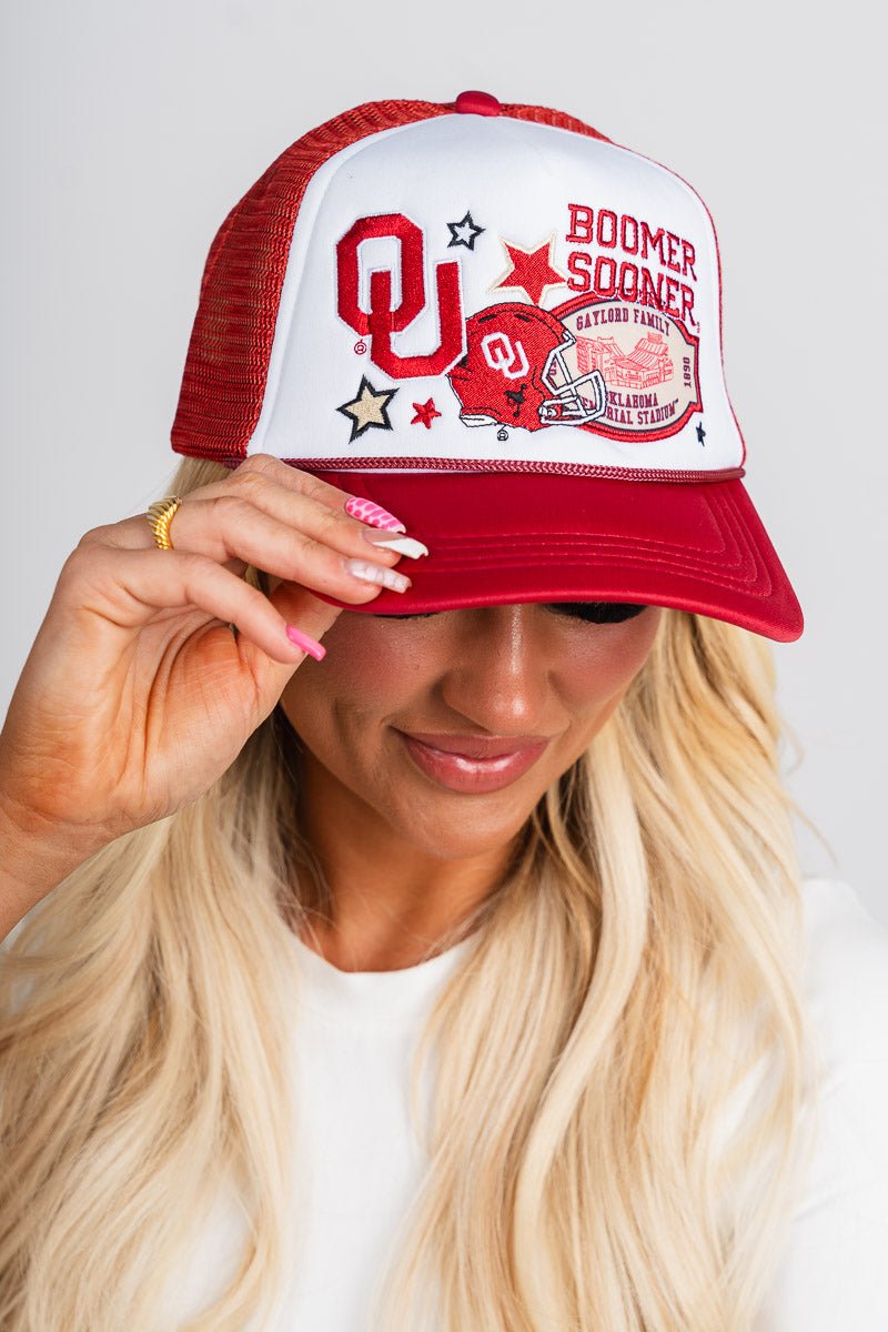 OU patchwork hat white/crimson - Trendy Hats at Lush Fashion Lounge Boutique in Oklahoma City