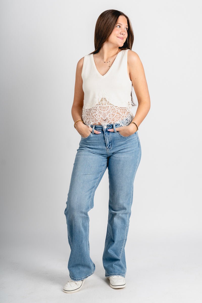 Lace trim sweater tank top cream Stylish Sweater - Womens Fashion Tank Tops at Lush Fashion Lounge Boutique in Oklahoma City