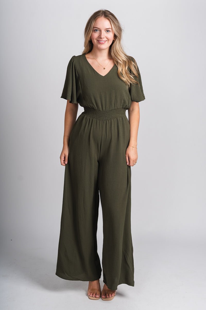 Smocked jumpsuit olive - Trendy Jumpsuit - Fashion Rompers & Pantsuits at Lush Fashion Lounge Boutique in Oklahoma City