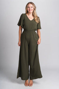 Smocked jumpsuit olive - Affordable Jumpsuit - Boutique Rompers & Pantsuits at Lush Fashion Lounge Boutique in Oklahoma City