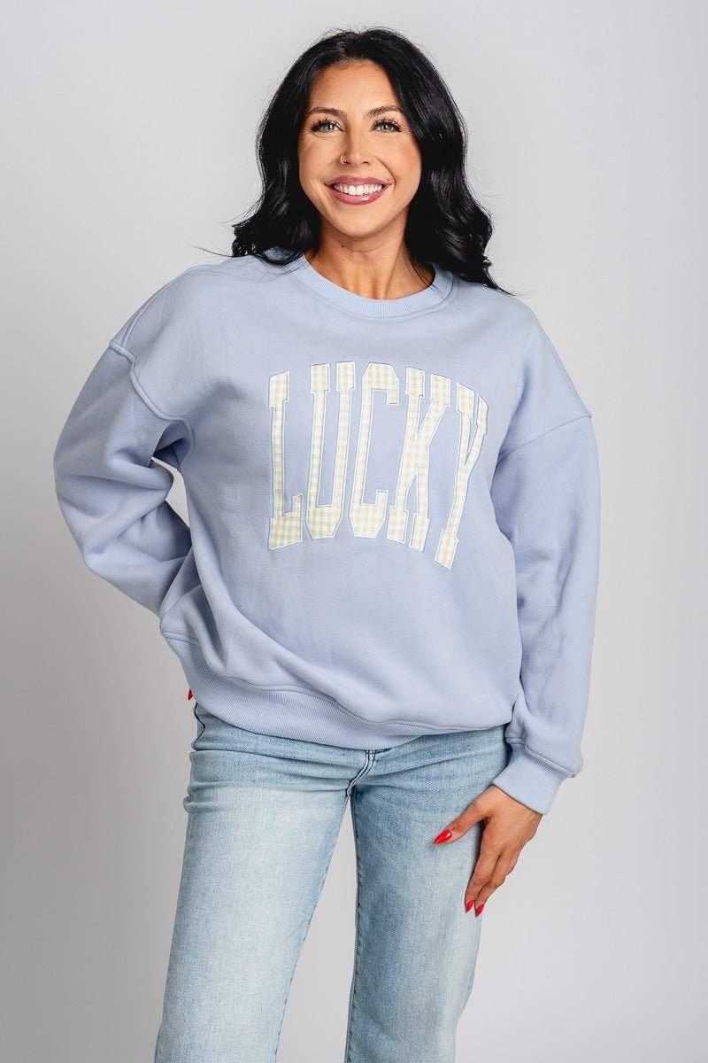 Lucky crew neck sweatshirt light blue - Trendy T-Shirts for St. Patrick's Day at Lush Fashion Lounge Boutique in Oklahoma City