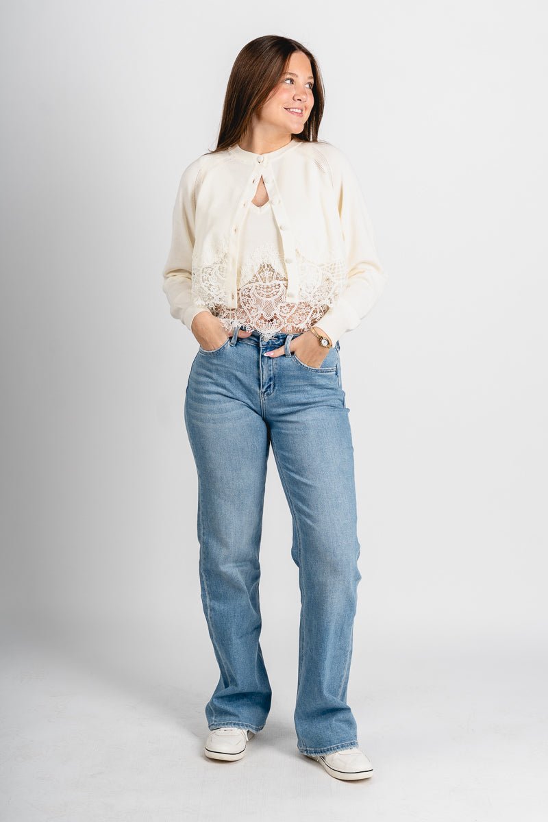 Lace trim cardigan cream
