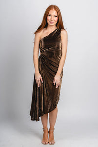 One shoulder metallic asymmetrical dress black/gold - Trendy New Year's Eve Outfits at Lush Fashion Lounge Boutique in Oklahoma City