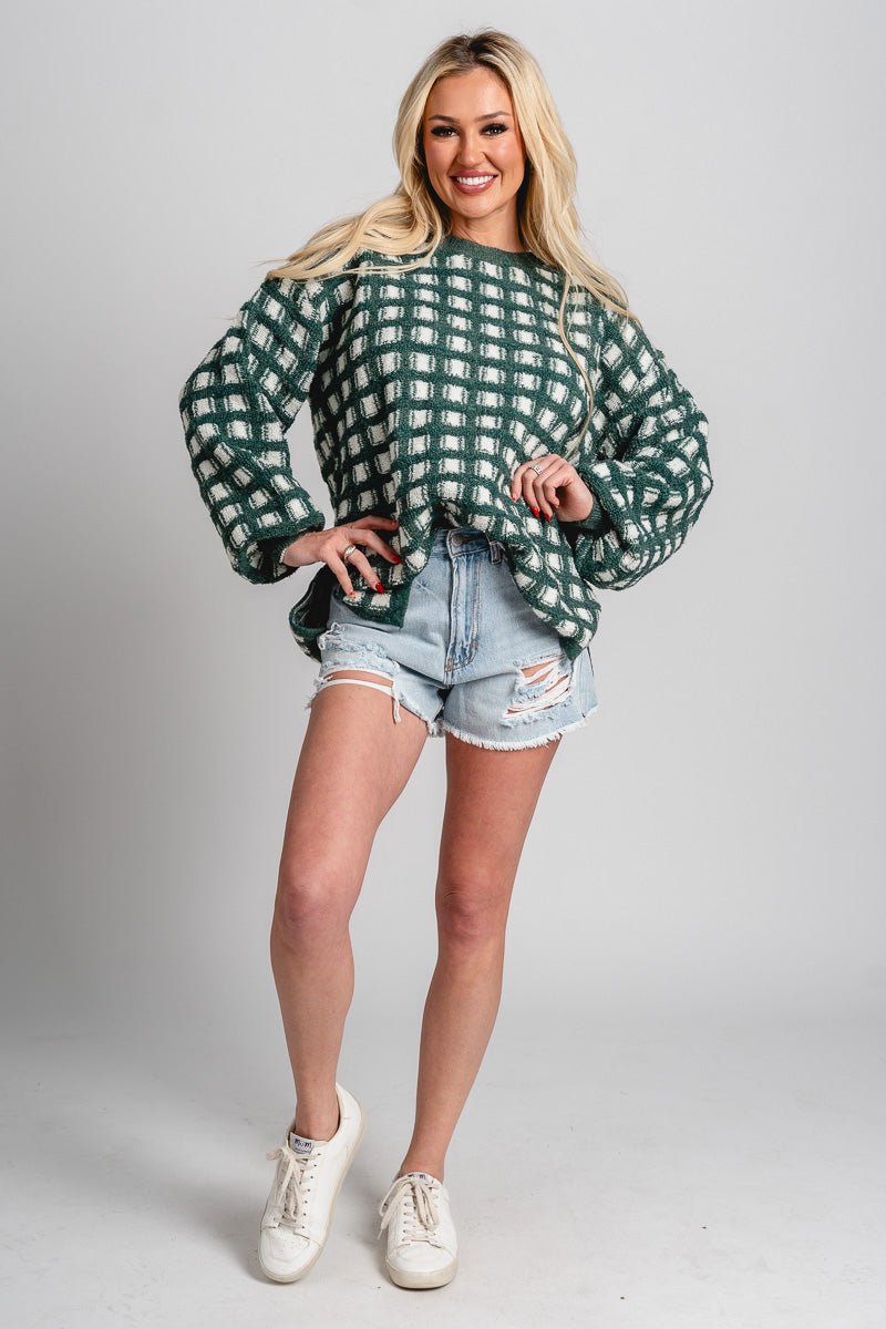 Checkered sweater olive - Trendy St. Patrick's T-Shirts at Lush Fashion Lounge Boutique in Oklahoma City