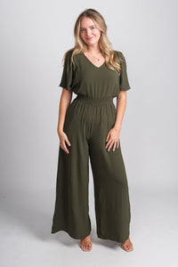 Smocked jumpsuit olive - Cute Jumpsuit - Trendy Rompers and Pantsuits at Lush Fashion Lounge Boutique in Oklahoma City