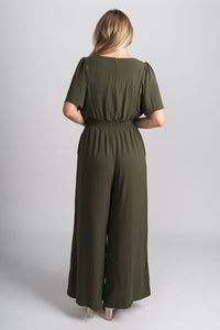 Smocked jumpsuit olive Stylish Jumpsuit - Womens Fashion Rompers & Pantsuits at Lush Fashion Lounge Boutique in Oklahoma City