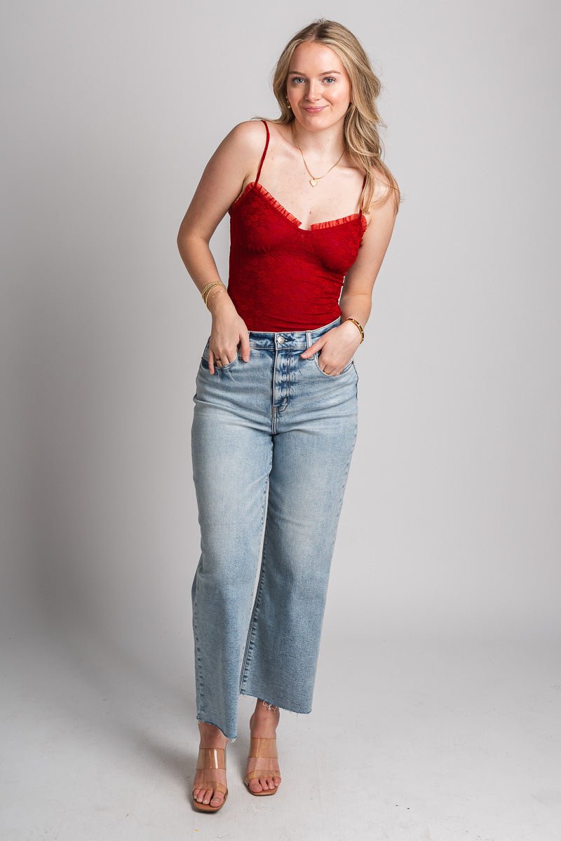 Ruffle trim mesh bodysuit red Stylish Bodysuit - Womens Fashion Bodysuits at Lush Fashion Lounge Boutique in Oklahoma City