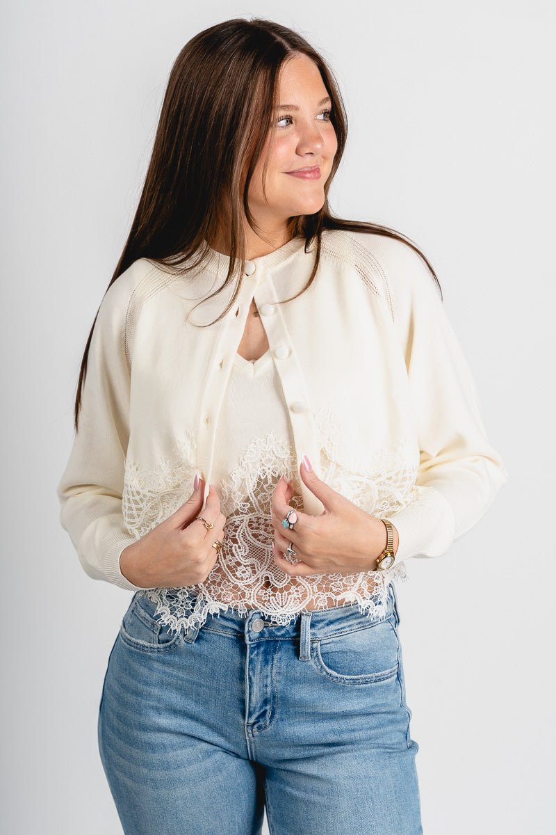 Lace trim cardigan cream - Cute Cardigan - Trendy Cardigans & Stylish Kimonos at Lush Fashion Lounge Boutique in Oklahoma City