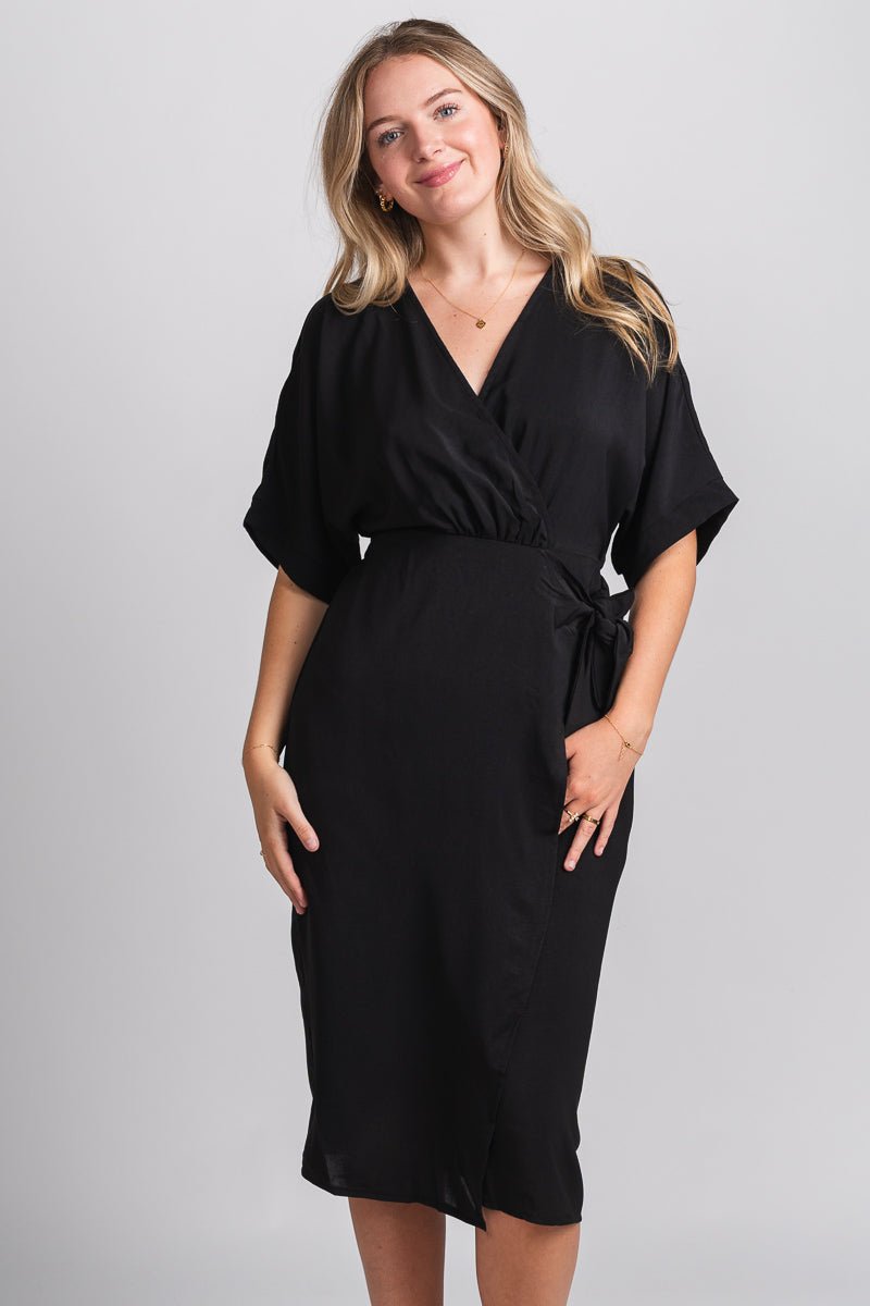 Tie wrap midi dress black - Affordable dress - Boutique Dresses at Lush Fashion Lounge Boutique in Oklahoma City