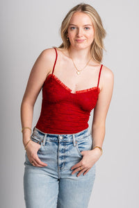 Ruffle trim mesh bodysuit red - Cute Bodysuit - Trendy Bodysuits at Lush Fashion Lounge Boutique in Oklahoma City