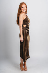 One shoulder metallic asymmetrical dress black/gold - Affordable New Year's Eve Party Outfits at Lush Fashion Lounge Boutique in Oklahoma City
