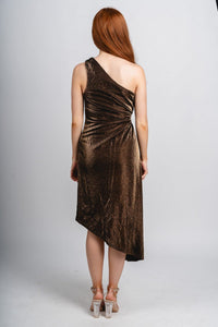 One shoulder metallic asymmetrical dress black/gold Stylish dress - Womens Fashion Dresses at Lush Fashion Lounge Boutique in Oklahoma City