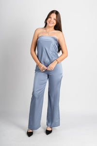 Satin lace trim strapless top slate grey - Cute top - Trendy Easter Clothing Line at Lush Fashion Lounge Boutique in Oklahoma