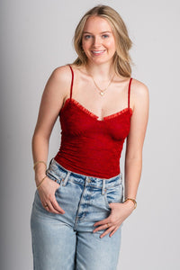 Ruffle trim mesh bodysuit red - Affordable Bodysuit - Boutique Bodysuits at Lush Fashion Lounge Boutique in Oklahoma City