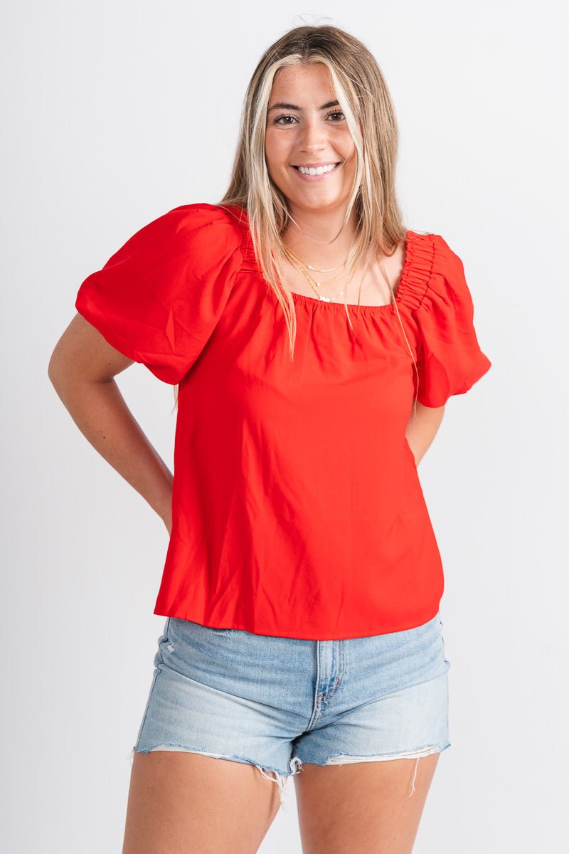 Puff sleeve top red - Cute Top - Fun American Summer Outfits at Lush Fashion Lounge Boutique in Oklahoma City