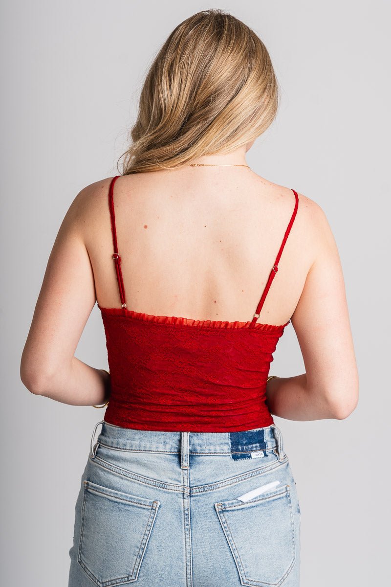 Ruffle trim mesh bodysuit red