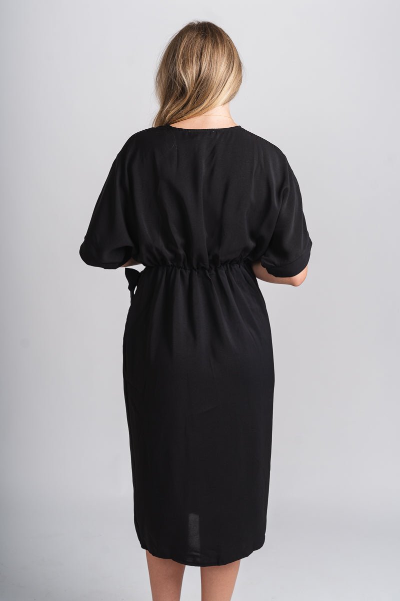 Tie wrap midi dress black