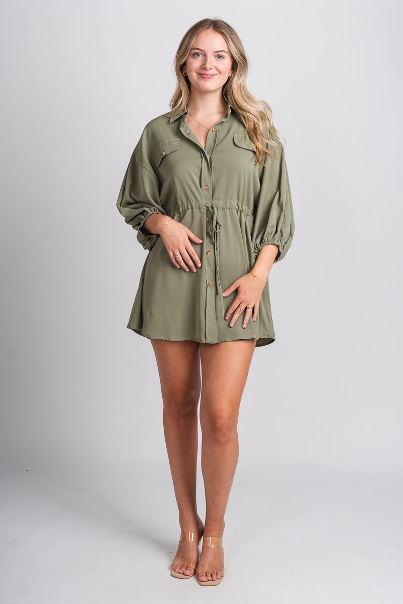 Drawstring blouse dress olive - Trendy dress - Fashion Dresses at Lush Fashion Lounge Boutique in Oklahoma City