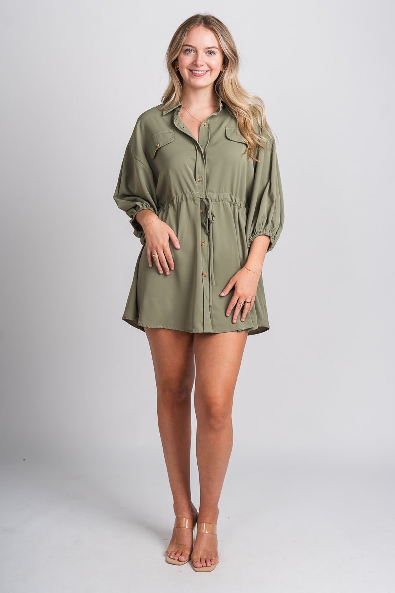 Drawstring blouse dress olive Stylish dress - Womens Fashion Dresses at Lush Fashion Lounge Boutique in Oklahoma City