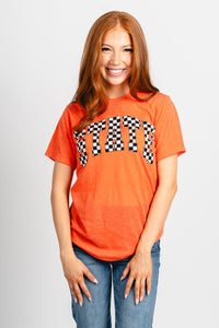 OSU OSU STATE checkered unisex t-shirt orange T-shirt | Lush Fashion Lounge Trendy Oklahoma State Cowboys Apparel & Cute Gameday T-Shirts