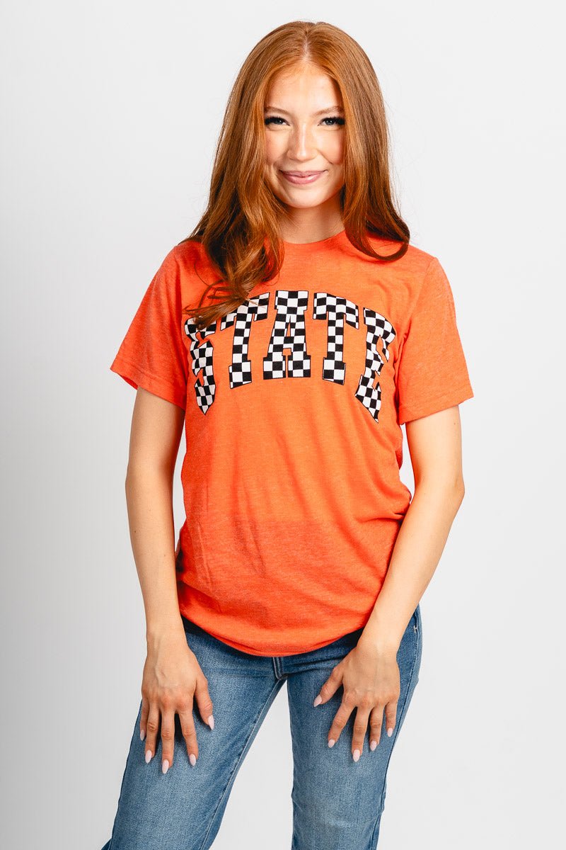 OSU OSU STATE checkered unisex t-shirt orange T-shirt | Lush Fashion Lounge Trendy Oklahoma State Cowboys Apparel & Cute Gameday T-Shirts