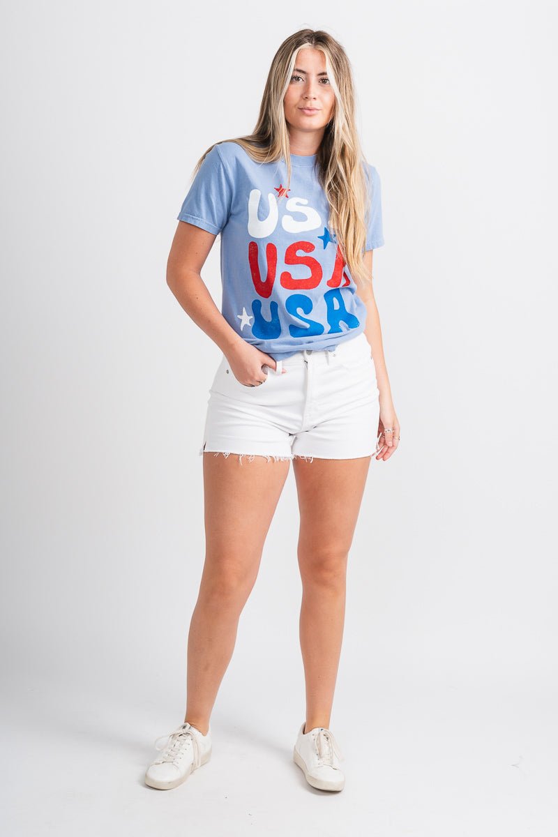 USA repeater stars comfort color t-shirt light blue - Adorable T-shirts - Stylish Patriotic Summer Graphic Tees at Lush Fashion Lounge Boutique in OKC