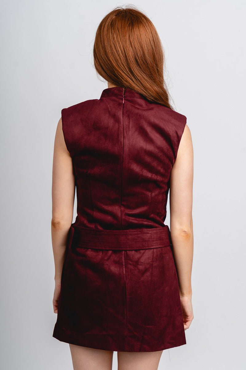 Mock neck suede belted mini dress cherry