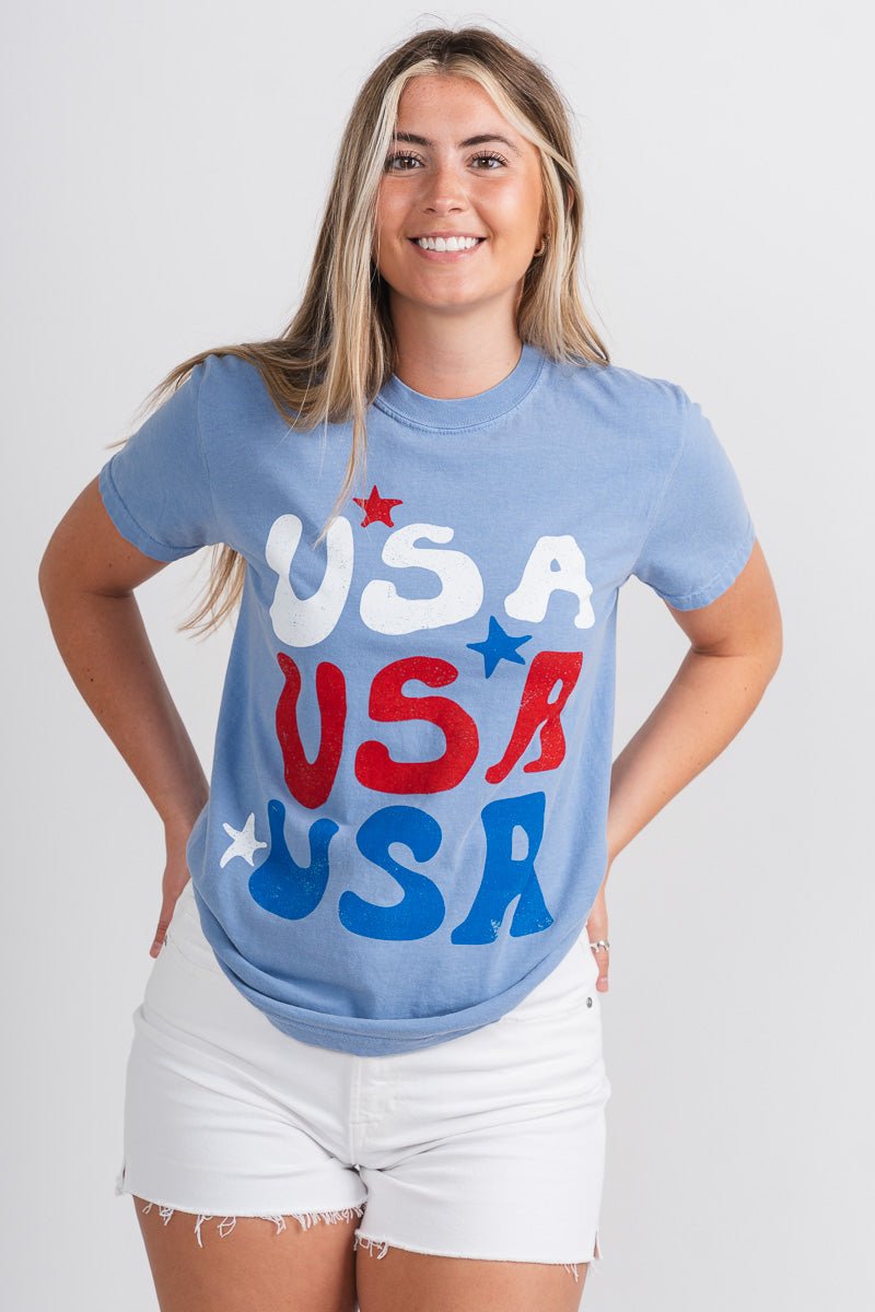 USA repeater stars comfort color t-shirt light blue - Cute T-shirts - Fun American Summer Outfits at Lush Fashion Lounge Boutique in Oklahoma City