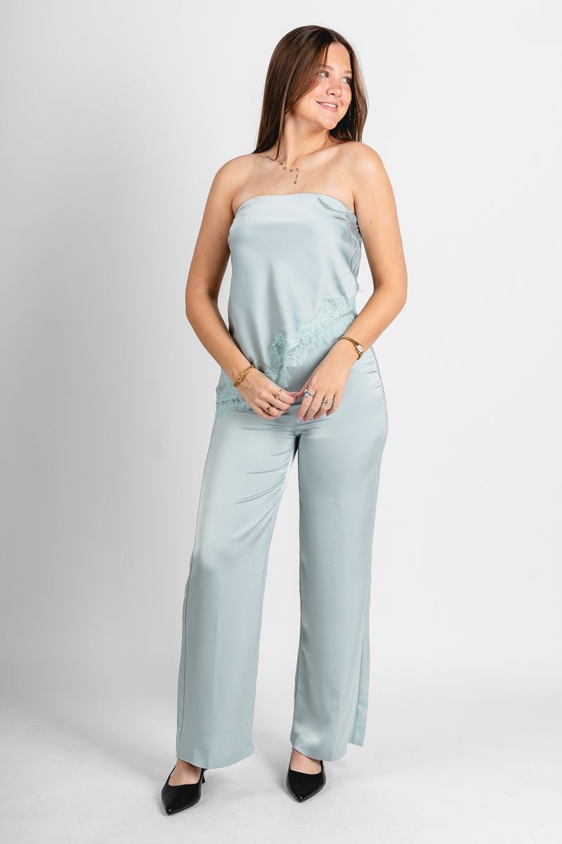 Satin lace trim strapless top sage - Cute top - Trendy Easter Clothing Line at Lush Fashion Lounge Boutique in Oklahoma