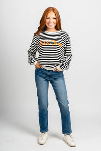 OSU OSU Pistols Firing script striped sweatshirt black/white Sweatshirt | Lush Fashion Lounge Trendy Oklahoma State Cowboys Apparel & Cute Gameday T-Shirts