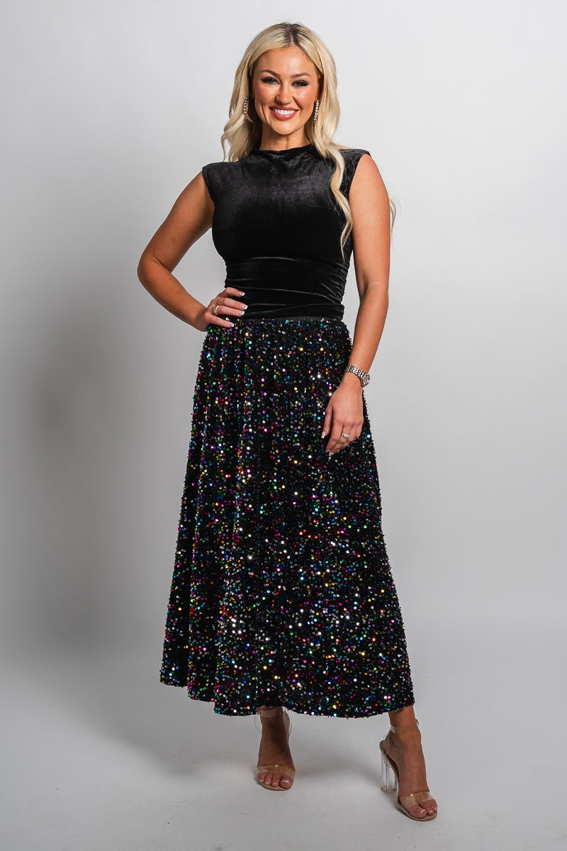 Sequin maxi skirt black multi - Affordable New Year's Eve Party Outfits at Lush Fashion Lounge Boutique in Oklahoma City