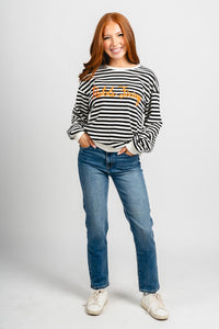 OSU OSU Pistols Firing script striped sweatshirt black/white Sweatshirt | Lush Fashion Lounge Trendy Oklahoma State Cowboys Apparel & Cute Gameday T-Shirts