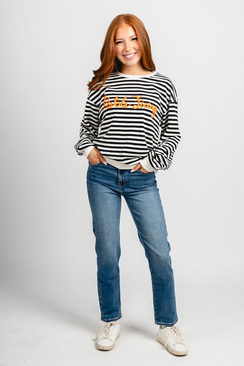 OSU OSU Pistols Firing script striped sweatshirt black/white Sweatshirt | Lush Fashion Lounge Trendy Oklahoma State Cowboys Apparel & Cute Gameday T-Shirts