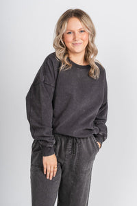 Acid wash sweatshirt charcoal - Trendy Sweatshirt - Cute Loungewear Collection at Lush Fashion Lounge Boutique in Oklahoma City