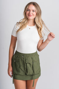 Cargo mini skirt olive | Lush Fashion Lounge: boutique fashion skirts, affordable boutique skirts, cute affordable skirts