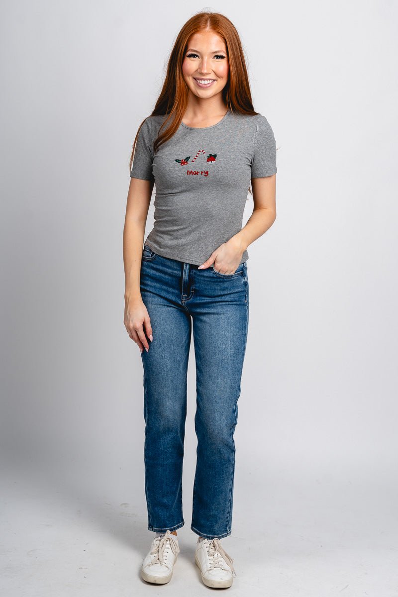 Merry beaded short sleeve t-shirt heather grey - Exclusive Collection of Holiday Inspired T-Shirts and Hoodies at Lush Fashion Lounge Boutique in Oklahoma City