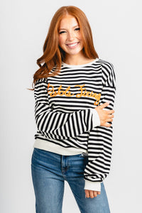 OSU OSU Pistols Firing script striped sweatshirt black/white Sweatshirt | Lush Fashion Lounge Trendy Oklahoma State Cowboys Apparel & Cute Gameday T-Shirts