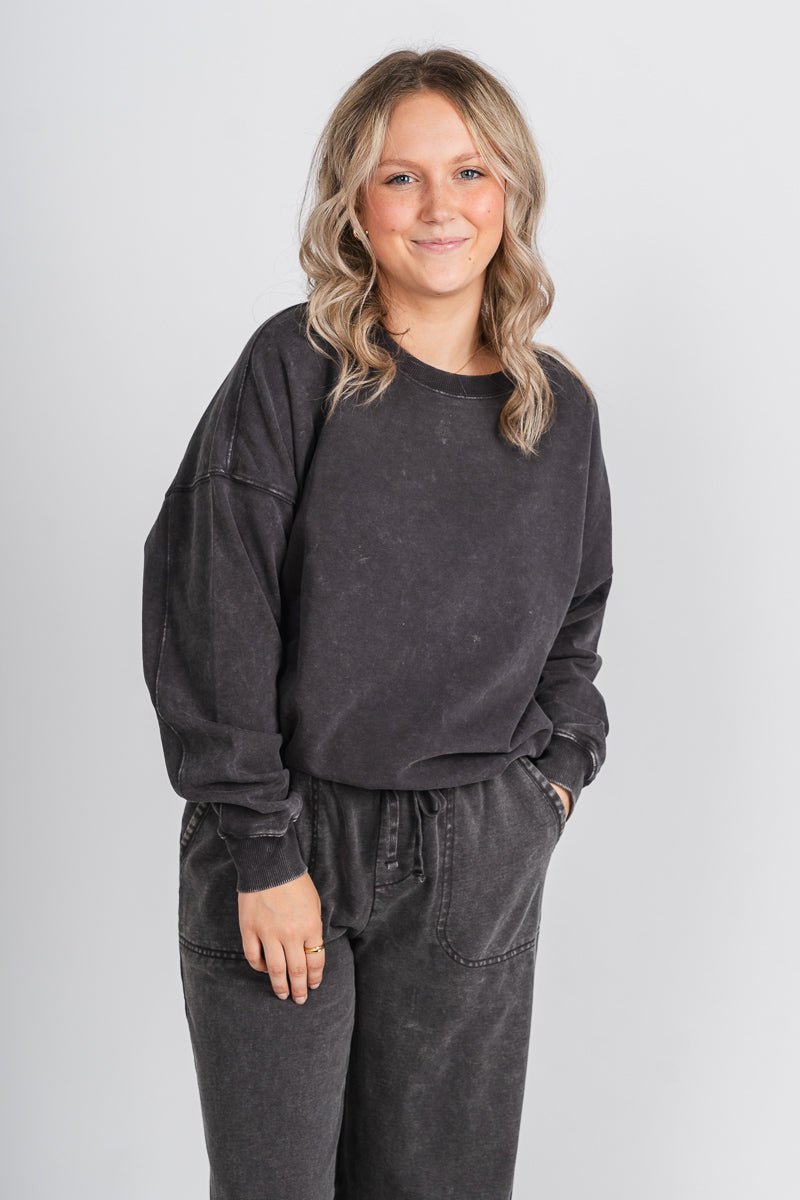 Acid wash sweatshirt charcoal - Cute Sweatshirt - Fun Cozy Basics at Lush Fashion Lounge Boutique in Oklahoma City