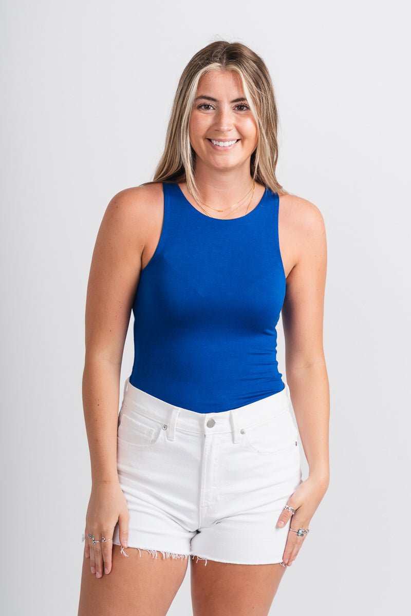 High neck bodysuit cobalt - Trendy bodysuit - Cute American Summer Collection at Lush Fashion Lounge Boutique in Oklahoma City