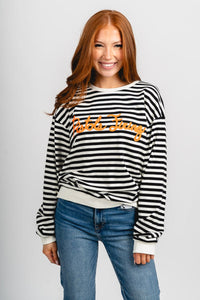 OSU OSU Pistols Firing script striped sweatshirt black/white Sweatshirt | Lush Fashion Lounge Trendy Oklahoma State Cowboys Apparel & Cute Gameday T-Shirts