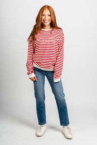 OU OU Boomer Sooner script striped sweatshirt red/white Sweatshirt | Lush Fashion Lounge Trendy Oklahoma University Sooners Apparel & Cute Gameday T-Shirts