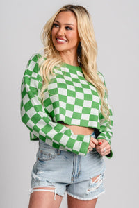 Checkered crop sweater green - Trendy T-Shirts for St. Patrick's Day at Lush Fashion Lounge Boutique in Oklahoma City